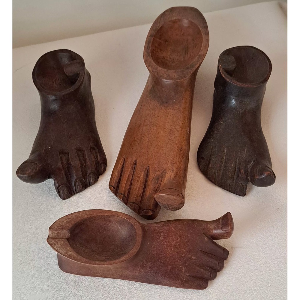 Vintage Hand Carved Wood Human Foot Shape Cigar Cigarette Ashtray Folk Art Lot
